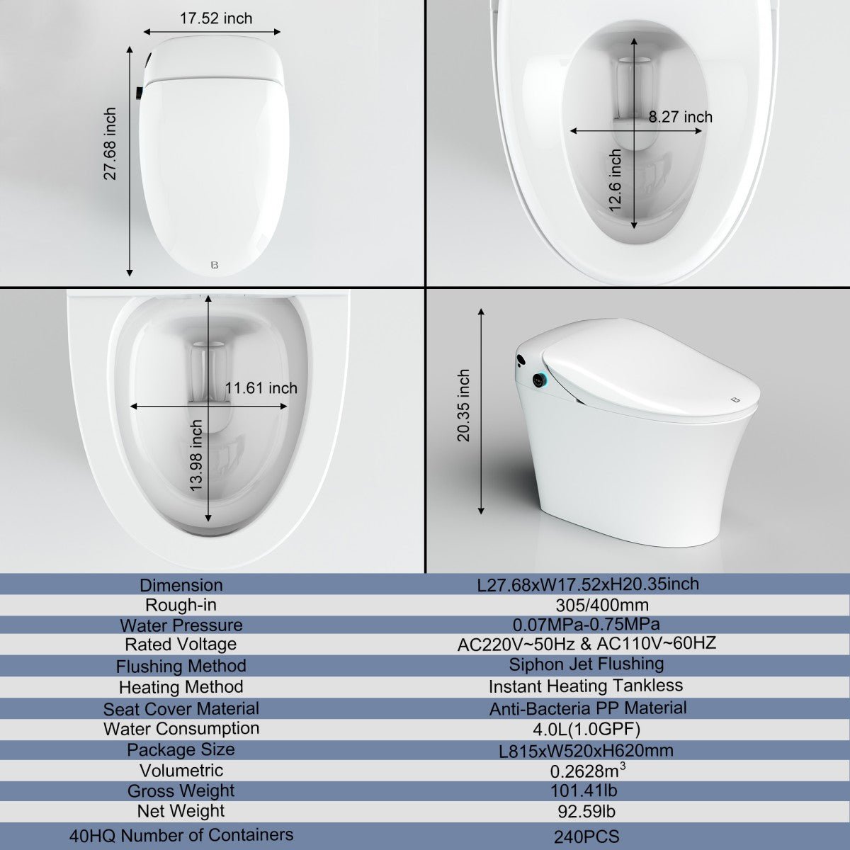 Bejoan Tankless Smart Toilet with Bidet Built In,Auto Open & Close,Wider Bidet with Heated Seat, Warm Water and Dry, Foot Sensor, LED Display, Remote Control,P50S