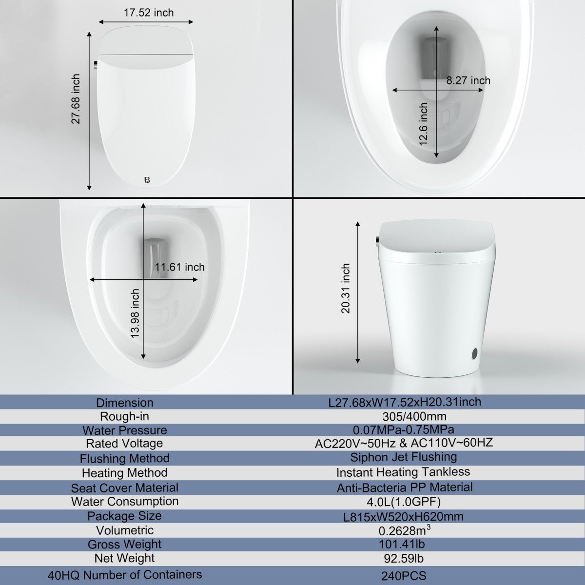 Bejoan Tankless Smart Toilet with Bidet Built In,Auto Open & Close,Wider Bidet with Heated Seat, Warm Water and Dry, Foot Sensor, LED Display, Remote Control,P51S