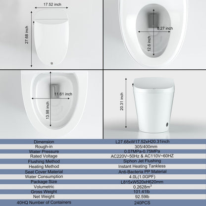 Bejoan Tankless Smart Toilet with Bidet Built In,Auto Open & Close,Wider Bidet with Heated Seat, Warm Water and Dry, Foot Sensor, LED Display, Remote Control,P51S