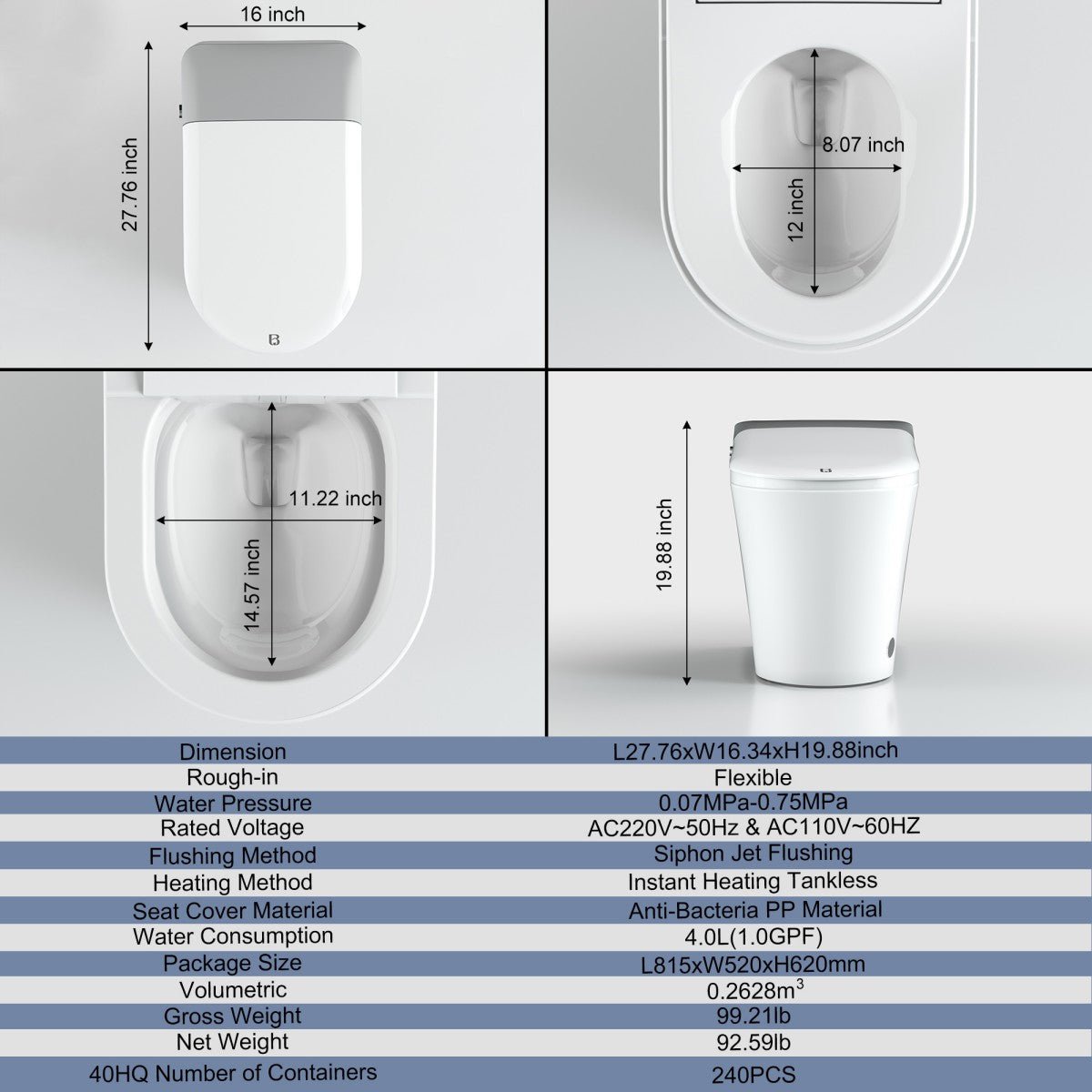 Bejoan Tankless Smart Toilet with Bidet Built In,Auto Open & Close,Wider Bidet with Heated Seat, Warm Water and Dry, Foot Sensor, LED Display, Remote Control,P80P