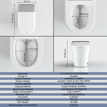 Bejoan Tankless Smart Toilet with Bidet Built In,Auto Open & Close,Wider Bidet with Heated Seat, Warm Water and Dry, Foot Sensor, LED Display, Remote Control,P80P