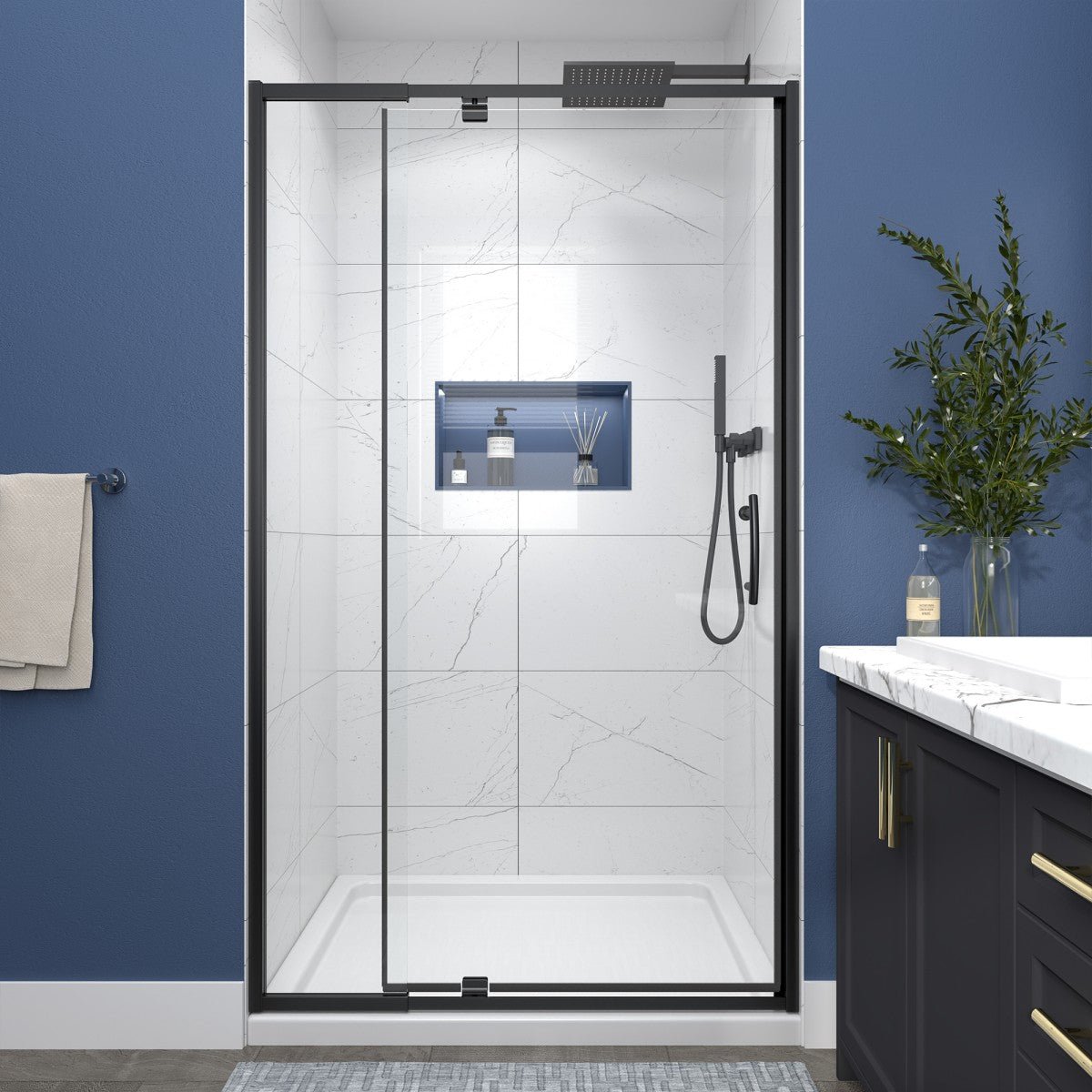 Flexi 38-42"x71" Frameless Shower Door in Matte Black,Tempered Glass with Seal Strip Parts and Handle,6mm Glass Shower Door - ExBriteUSA