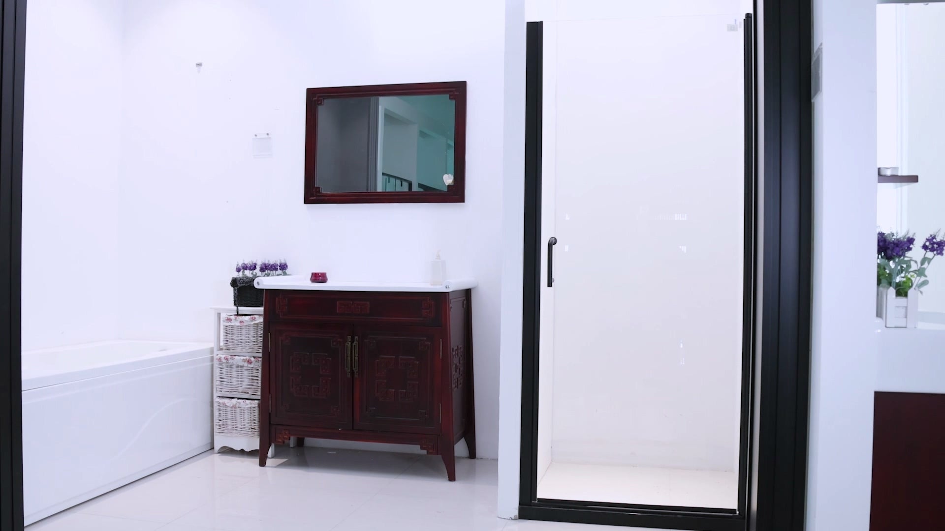 Load video: Classy Black Pivot Shower Doors Semi-Frameless Glass Shower Door With Handle