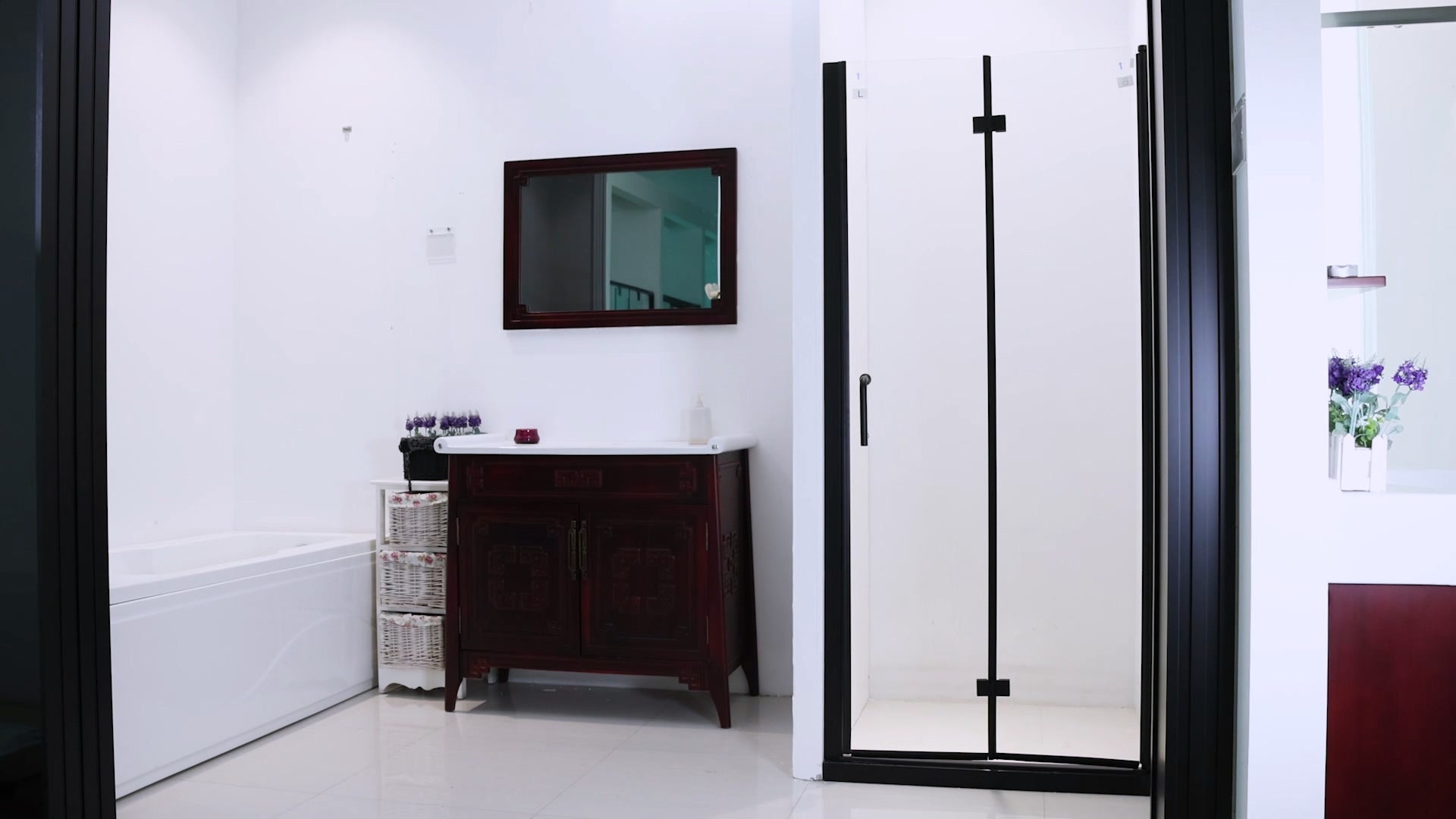 Load video: Adapt Allsumhome Bifold Shower Door Pivot Swing Shower Doors,Clear Tempered Glass,Black