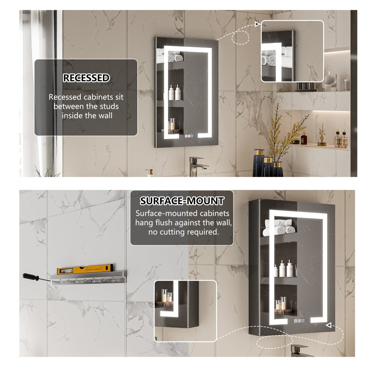 Boost 20 x 30 inch medicine cabinet interior lighting and mirrored storage overview