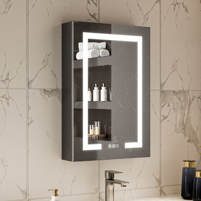 Boost 20 x 30 inch right-hinge black-framed LED medicine cabinet above a bathroom vanity with illuminated mirror