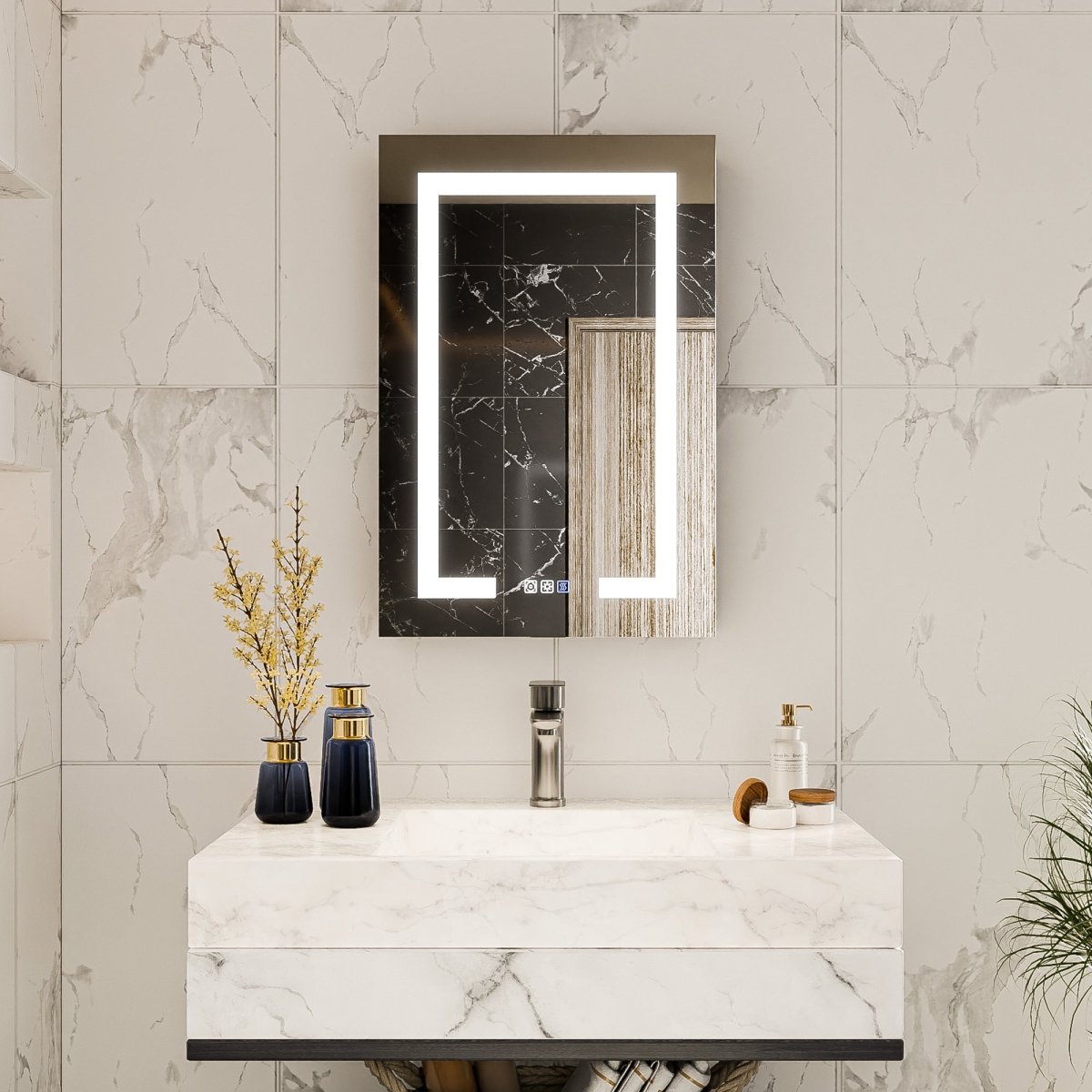 Boost 20 x 30 inch LED medicine cabinet product feature detail for bathroom installation - detail view