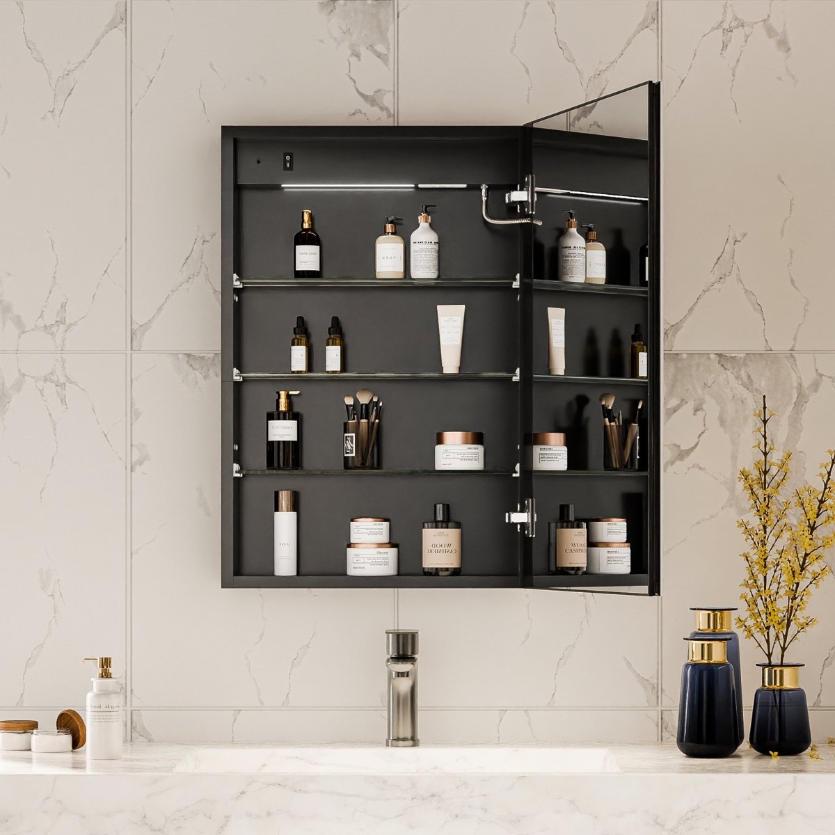 Boost 20 x 30 inch LED medicine cabinet product feature detail for bathroom installation