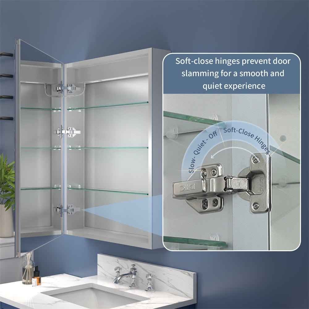 Boost 30 x 30 inch medicine cabinet interior with soft-close door hinges