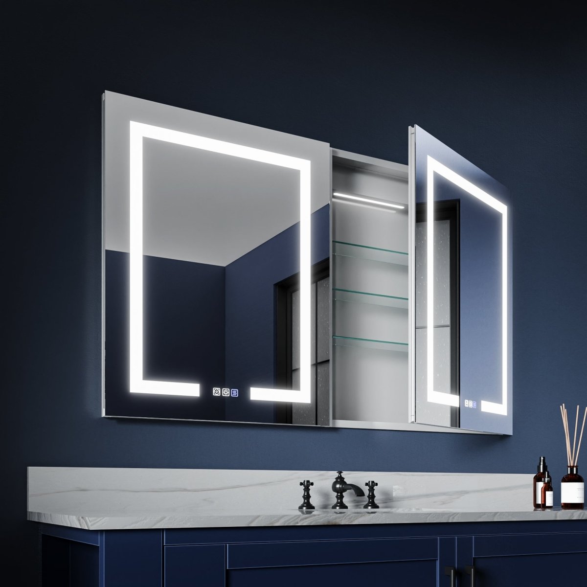 Boost 48 x 30 inch medicine cabinet with open mirrored doors and adjustable interior storage
