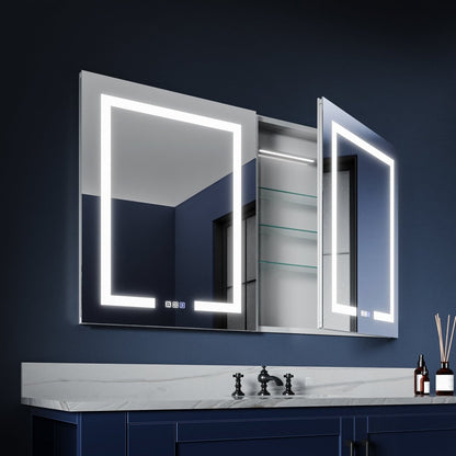 Boost 48 x 30 inch medicine cabinet with open mirrored doors and adjustable interior storage