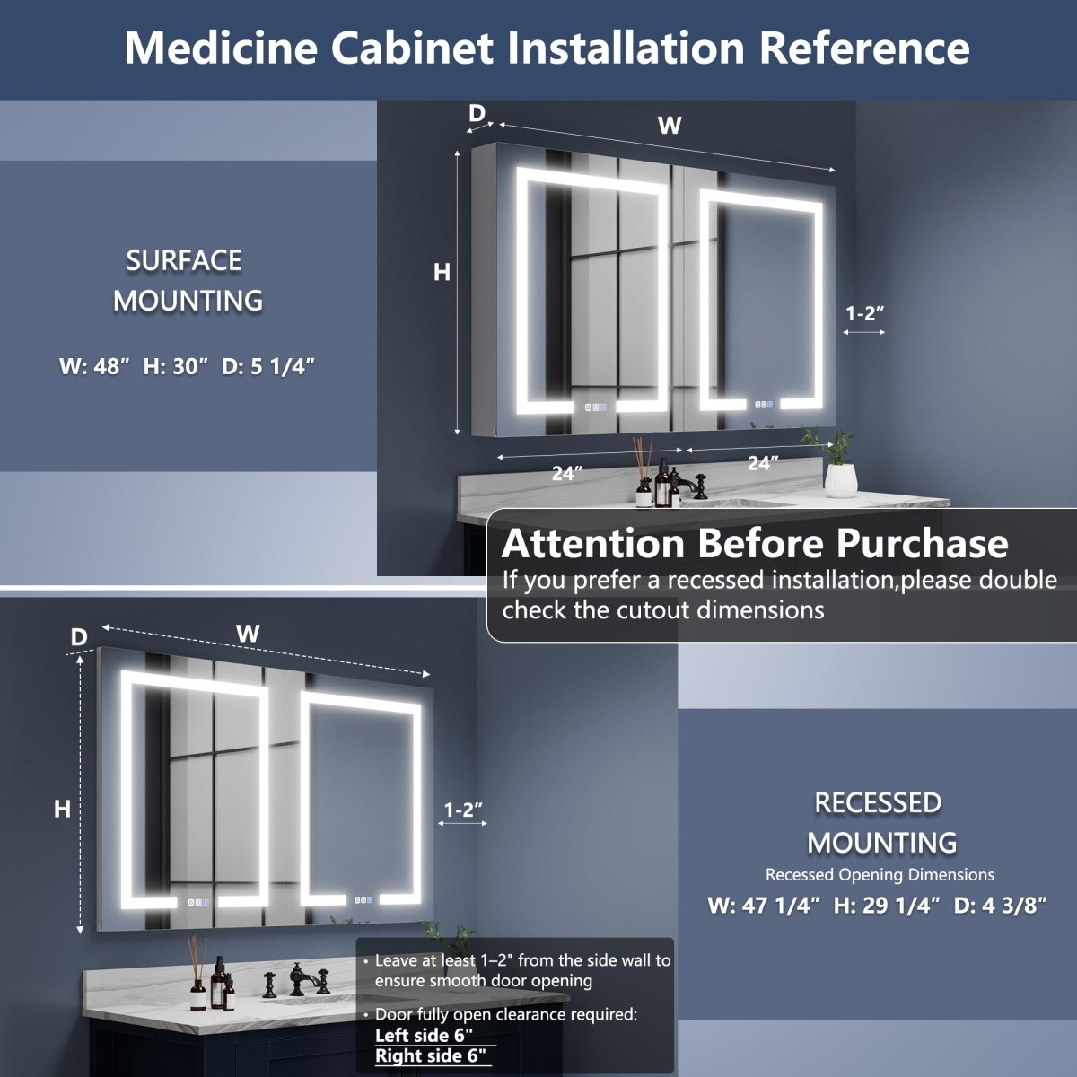 Boost 48 x 30 inch dimmable LED medicine cabinet with adjustable color temperature lighting