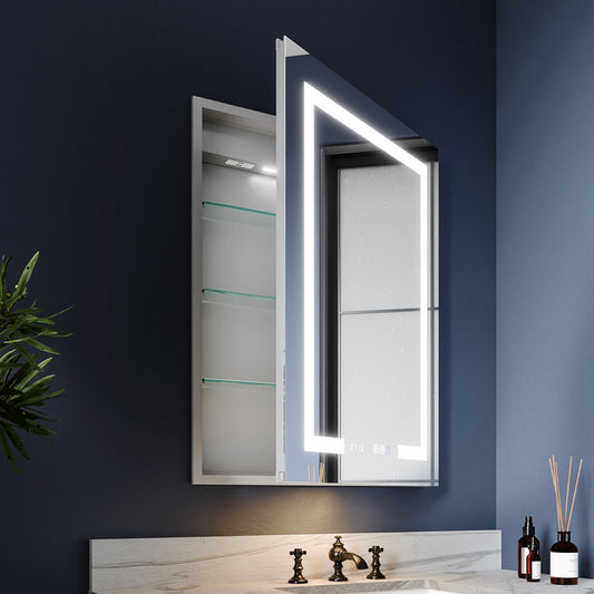 Boost - M2 24" W x 32" H LED Lighted Bathroom Medicine Cabinet with Mirror and Clock, Right Hinge
