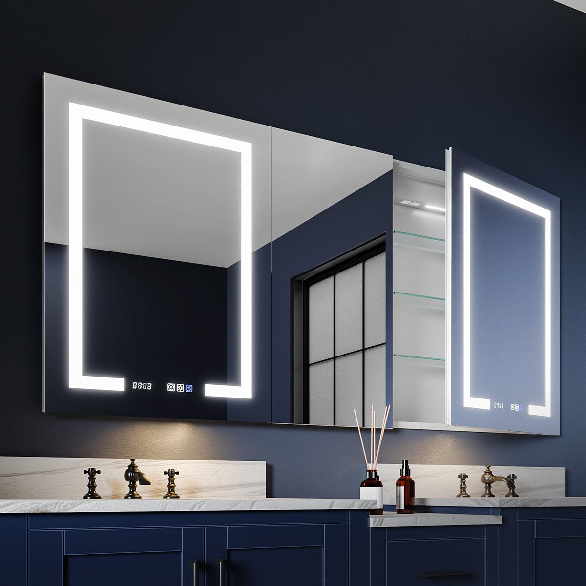 Boost-M2 64" x 32" LED lighted medicine cabinet with mirrored glass shelves and digital display in modern bathroom setting.