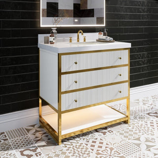 Brillare 36" LED Bath Vanity With Sink,Cultured Marble Top,White,Solid Oak Build,Soft-Close,8 in faucet holes