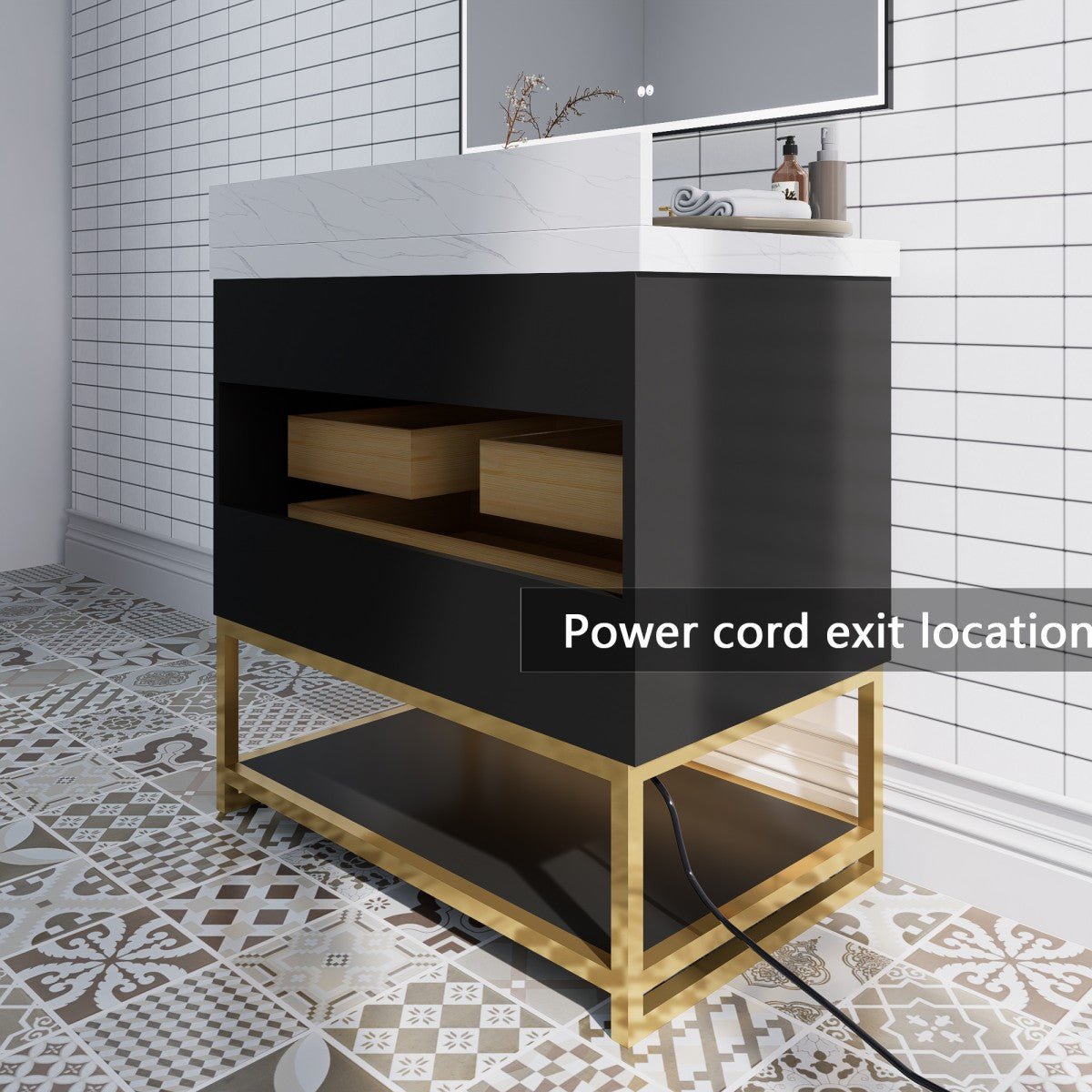 Brillare - W 36" LED Bath Vanity With Sink,Cultured Marble Top,Black,Solid Oak Build,Soft - Close,8 in faucet holes