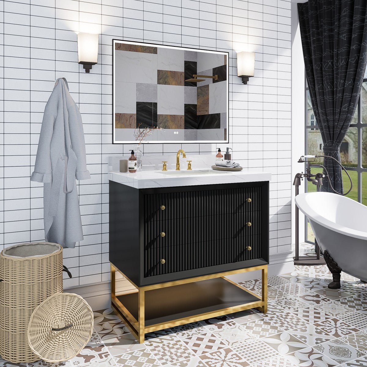 Brillare - W 36" LED Bath Vanity With Sink,Cultured Marble Top,Black,Solid Oak Build,Soft - Close,8 in faucet holes