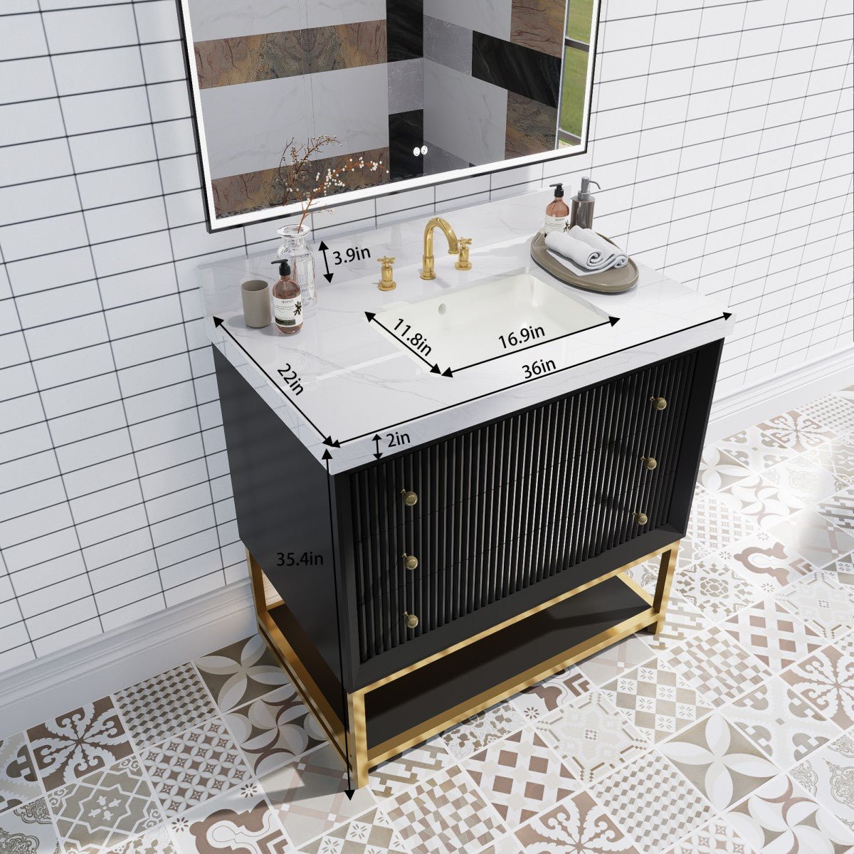 Brillare - W 36" LED Bath Vanity With Sink,Cultured Marble Top,Black,Solid Oak Build,Soft - Close,8 in faucet holes