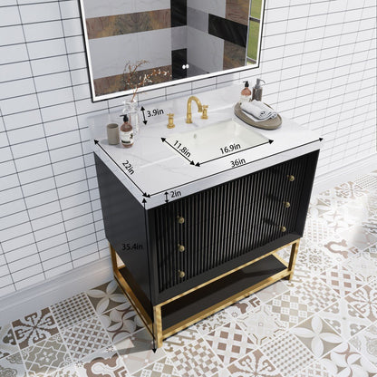 Brillare - W 36" LED Bath Vanity With Sink,Cultured Marble Top,Black,Solid Oak Build,Soft - Close,8 in faucet holes
