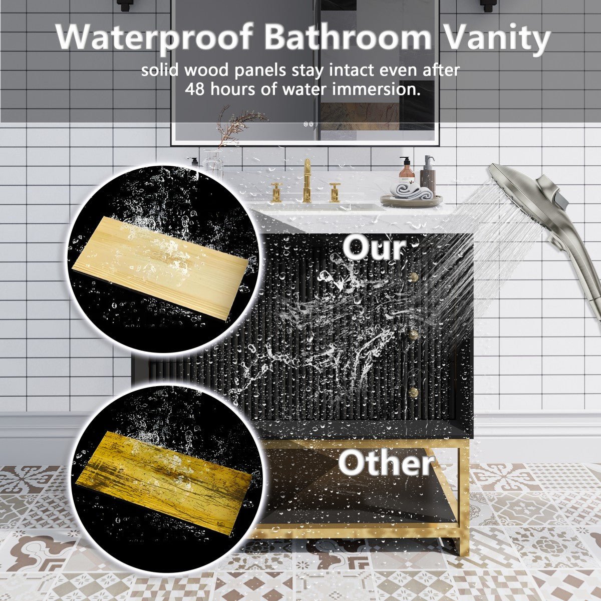 Brillare - W 36" LED Bath Vanity With Sink,Cultured Marble Top,Black,Solid Oak Build,Soft - Close,8 in faucet holes