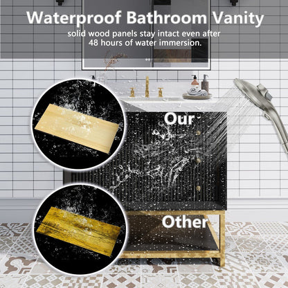 Brillare - W 36" LED Bath Vanity With Sink,Cultured Marble Top,Black,Solid Oak Build,Soft - Close,8 in faucet holes