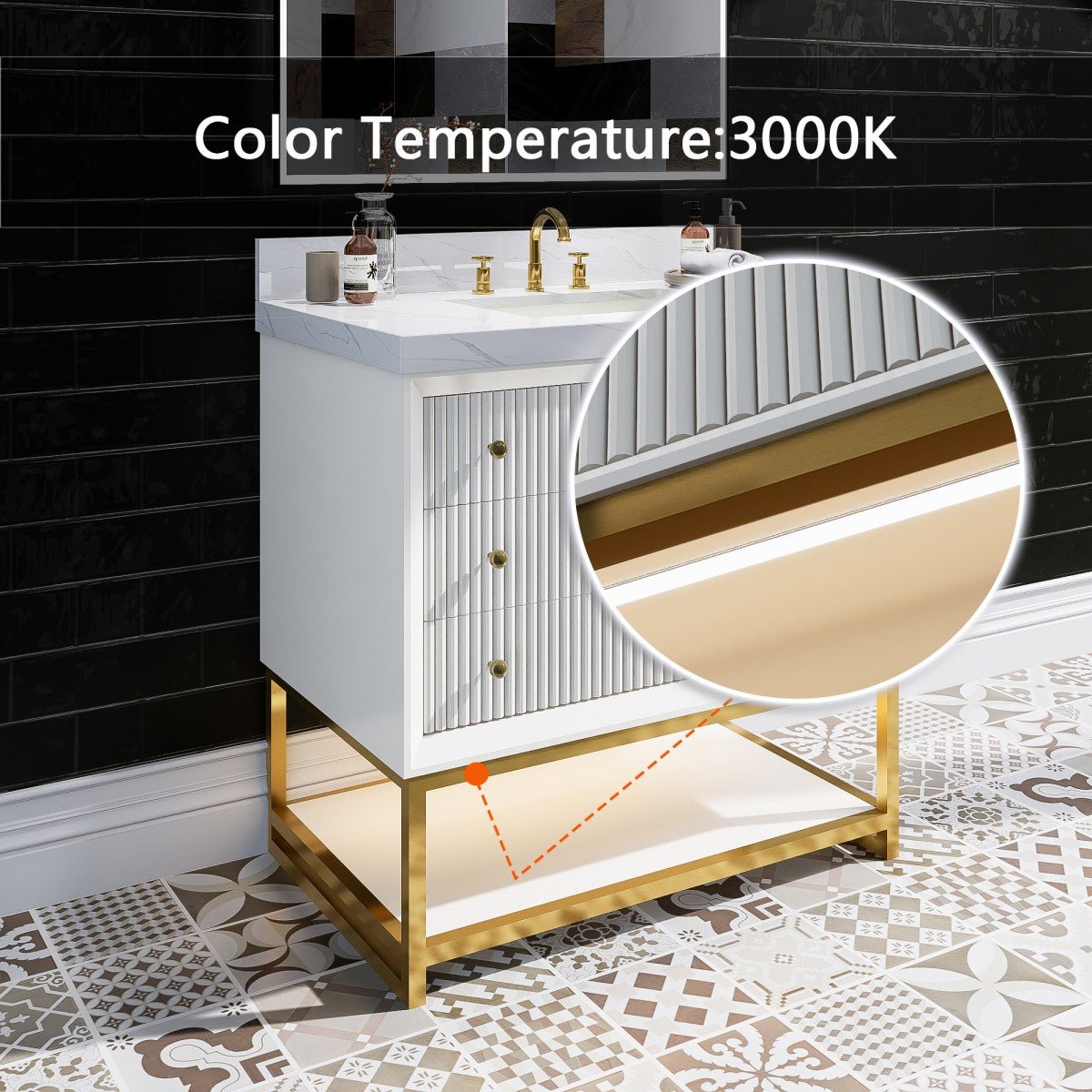 Brillare - W 36" LED Bath Vanity With Sink,Cultured Marble Top,White,Solid Oak Build,Soft - Close,8 in faucet holes