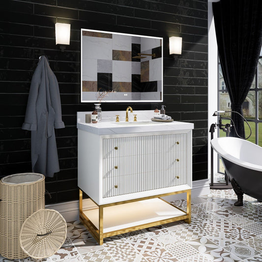 Brillare-W 36" LED Bath Vanity With Sink,Cultured Marble Top,White,Solid Oak Build,Soft-Close,8 in faucet holes - ExBriteUSA