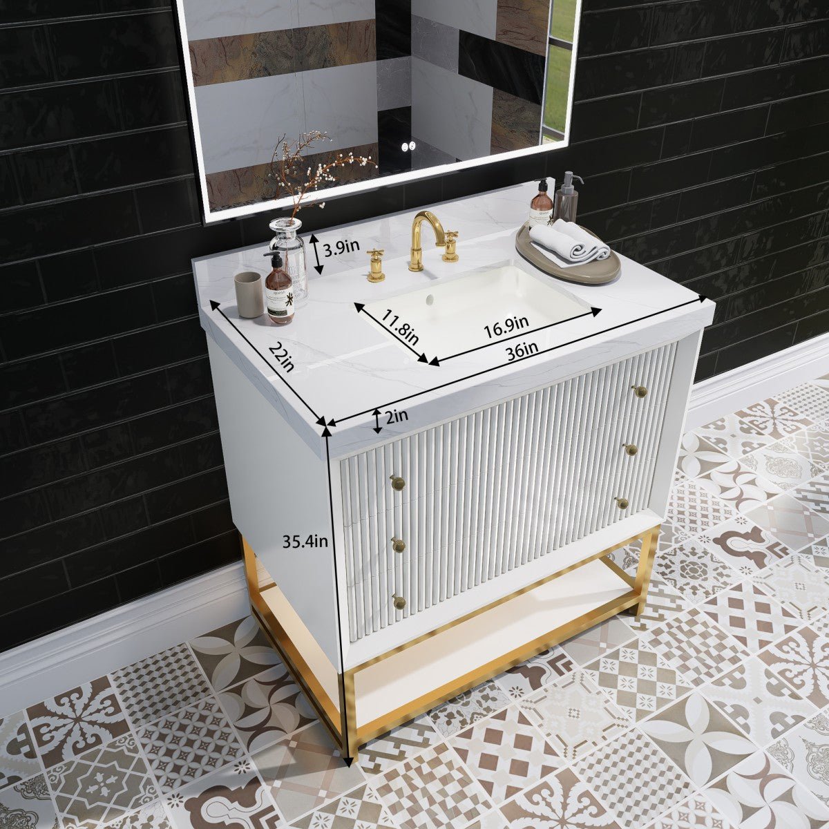 Brillare - W 36" LED Bath Vanity With Sink,Cultured Marble Top,White,Solid Oak Build,Soft - Close,8 in faucet holes