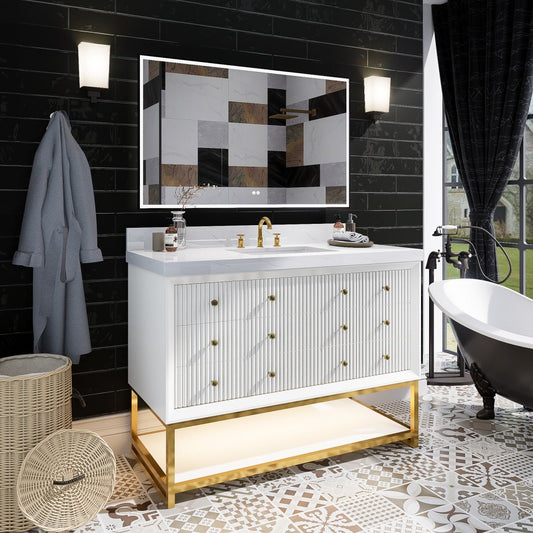 Brillare - W 48" LED Bath Vanity With Sink,Cultured Marble Top,White,Solid Oak Build,Soft - Close,8 in faucet holes