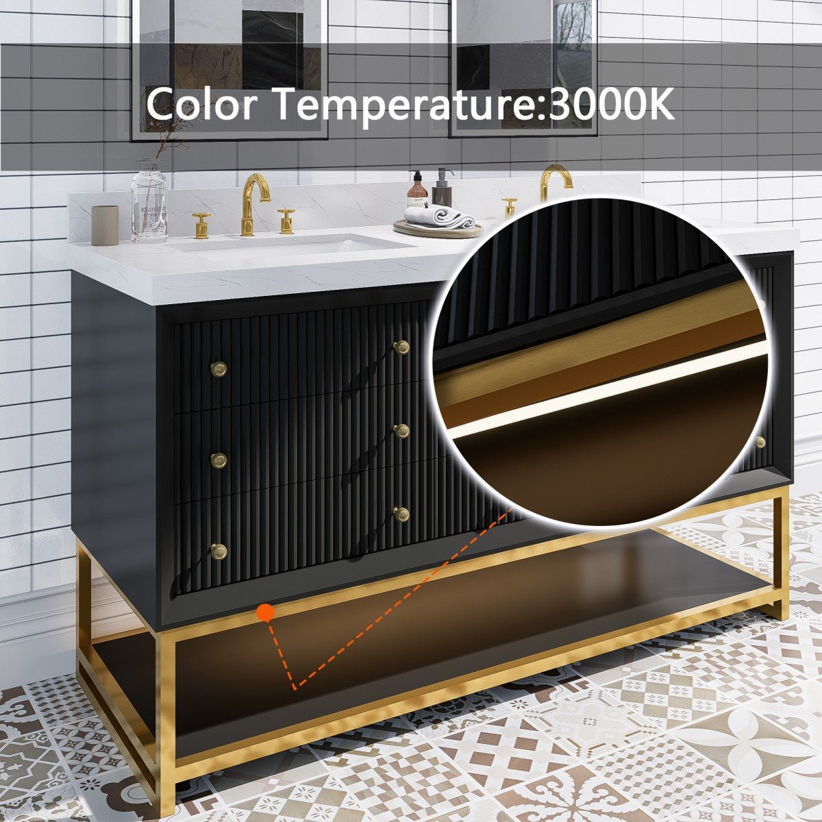 Brillare - W 60" LED Bath Vanity With Sink,Cultured Marble Top,Black,Solid Oak Build,Soft - Close,8 in faucet holes