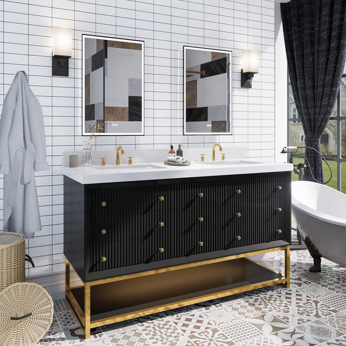 Brillare - W 60" LED Bath Vanity With Sink,Cultured Marble Top,Black,Solid Oak Build,Soft - Close,8 in faucet holes