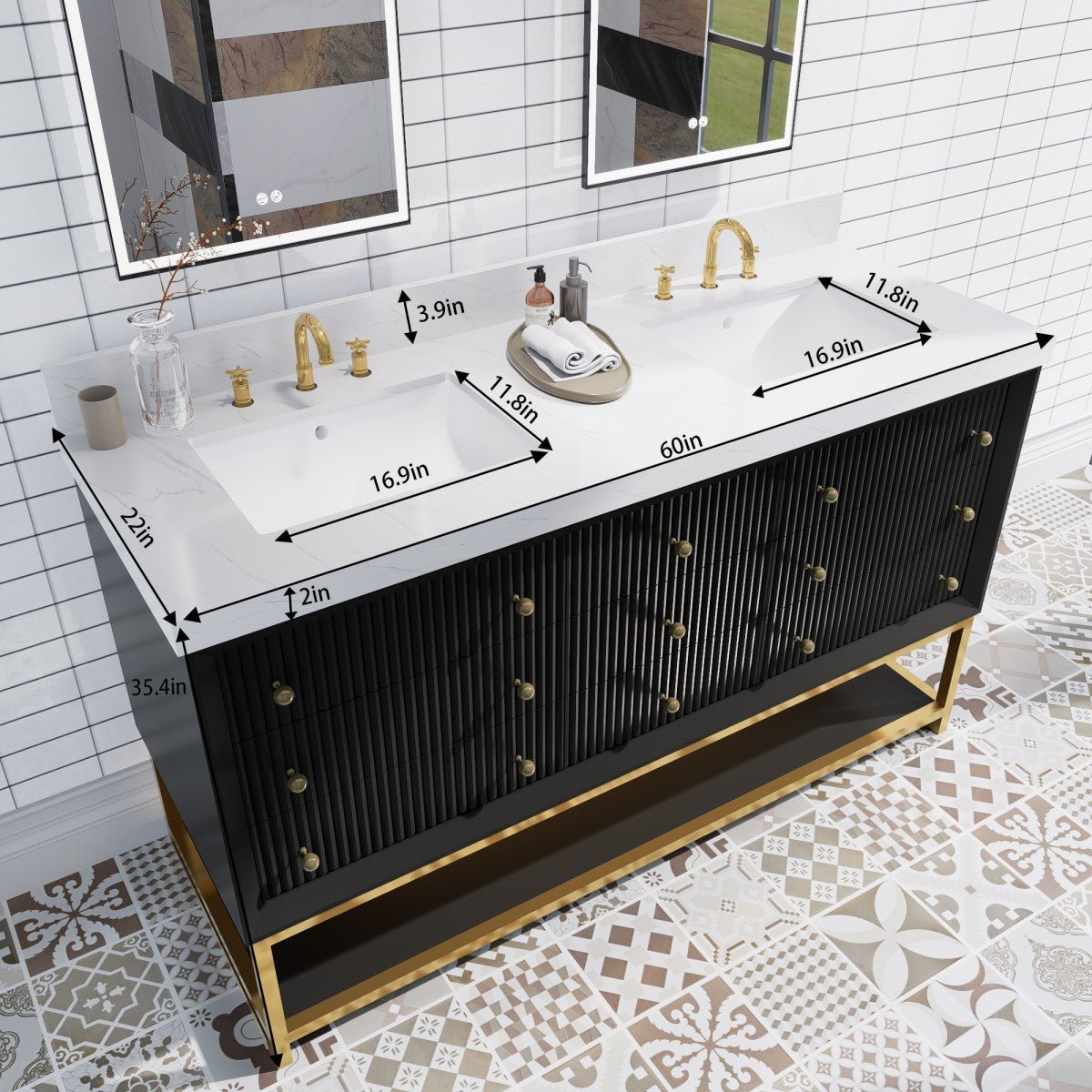 Brillare - W 60" LED Bath Vanity With Sink,Cultured Marble Top,Black,Solid Oak Build,Soft - Close,8 in faucet holes