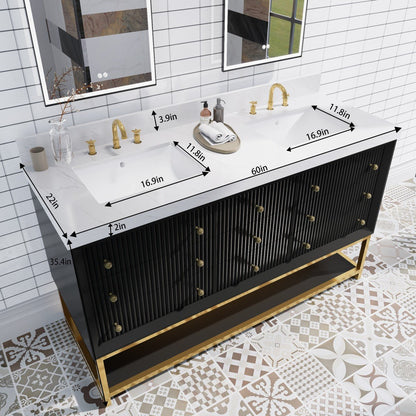 Brillare - W 60" LED Bath Vanity With Sink,Cultured Marble Top,Black,Solid Oak Build,Soft - Close,8 in faucet holes