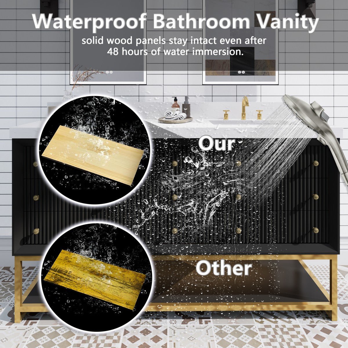 Brillare - W 60" LED Bath Vanity With Sink,Cultured Marble Top,Black,Solid Oak Build,Soft - Close,8 in faucet holes