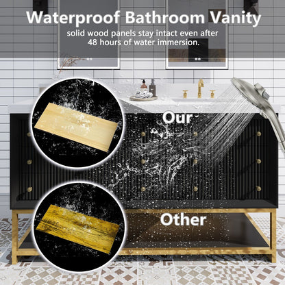 Brillare - W 60" LED Bath Vanity With Sink,Cultured Marble Top,Black,Solid Oak Build,Soft - Close,8 in faucet holes
