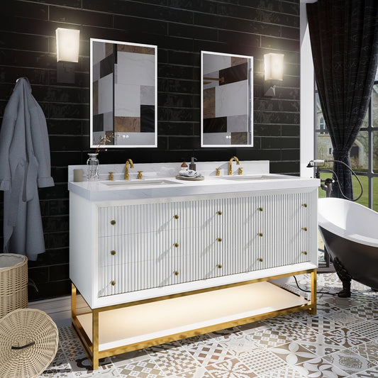 Brillare - W 60" LED Bath Vanity With Sink,Cultured Marble Top,White,Solid Oak Build,Soft - Close,8 in faucet holes