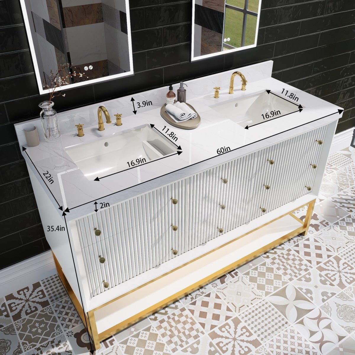 Brillare - W 60" LED Bath Vanity With Sink,Cultured Marble Top,White,Solid Oak Build,Soft - Close,8 in faucet holes
