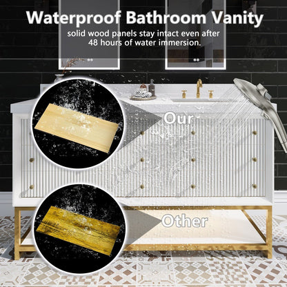 Brillare - W 60" LED Bath Vanity With Sink,Cultured Marble Top,White,Solid Oak Build,Soft - Close,8 in faucet holes