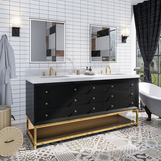 Brillare - W 72" LED Bath Vanity With Sink,Cultured Marble Top,Black,Solid Oak Build,Soft - Close,8 in faucet holes
