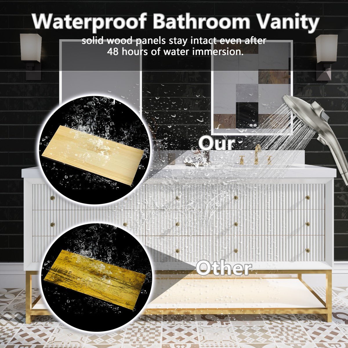 Brillare - W 72" LED Bath Vanity With Sink,Cultured Marble Top,White,Solid Oak Build,Soft - Close,8 in faucet holes