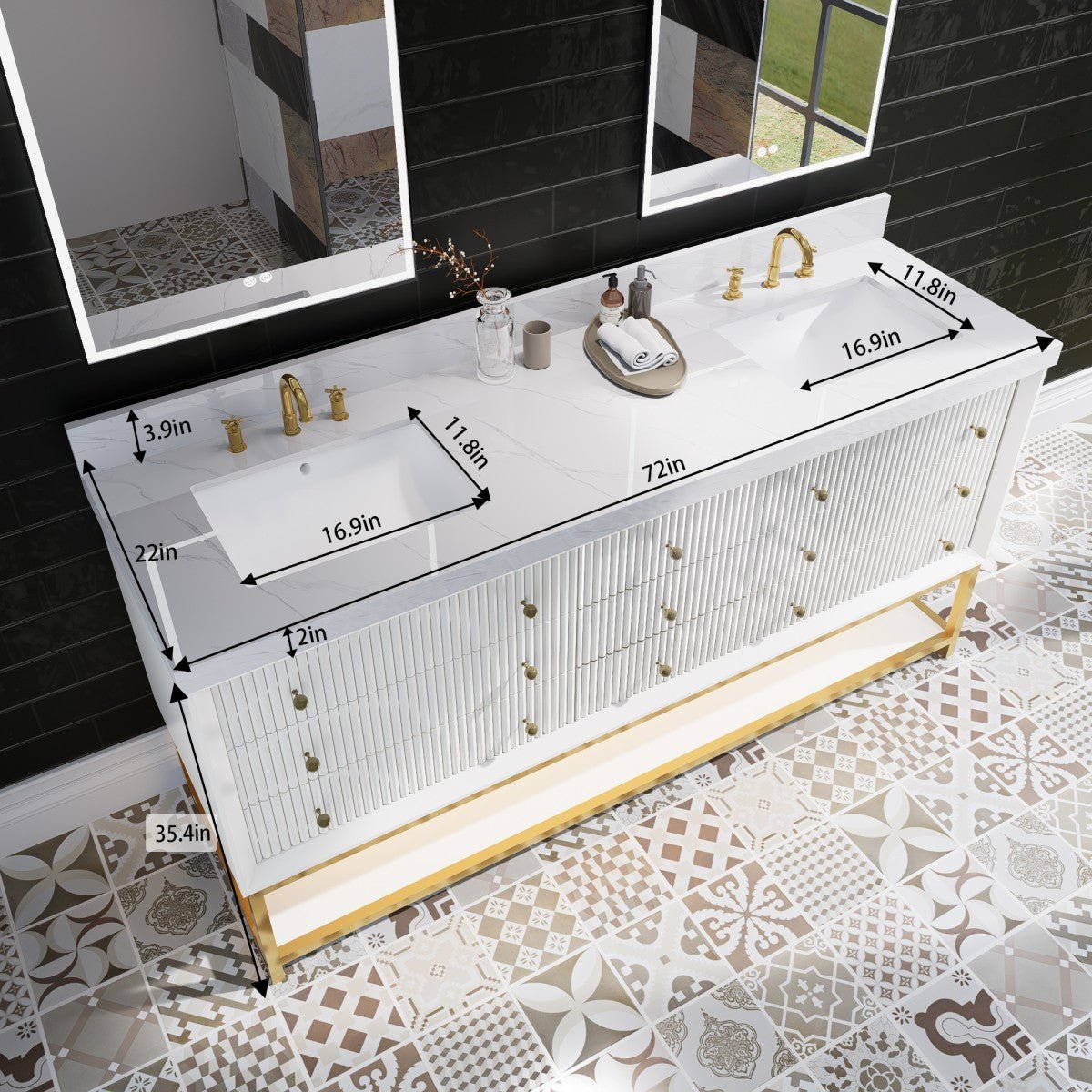 Brillare - W 72" LED Bath Vanity With Sink,Cultured Marble Top,White,Solid Oak Build,Soft - Close,8 in faucet holes