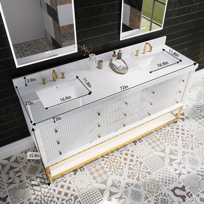 Brillare - W 72" LED Bath Vanity With Sink,Cultured Marble Top,White,Solid Oak Build,Soft - Close,8 in faucet holes