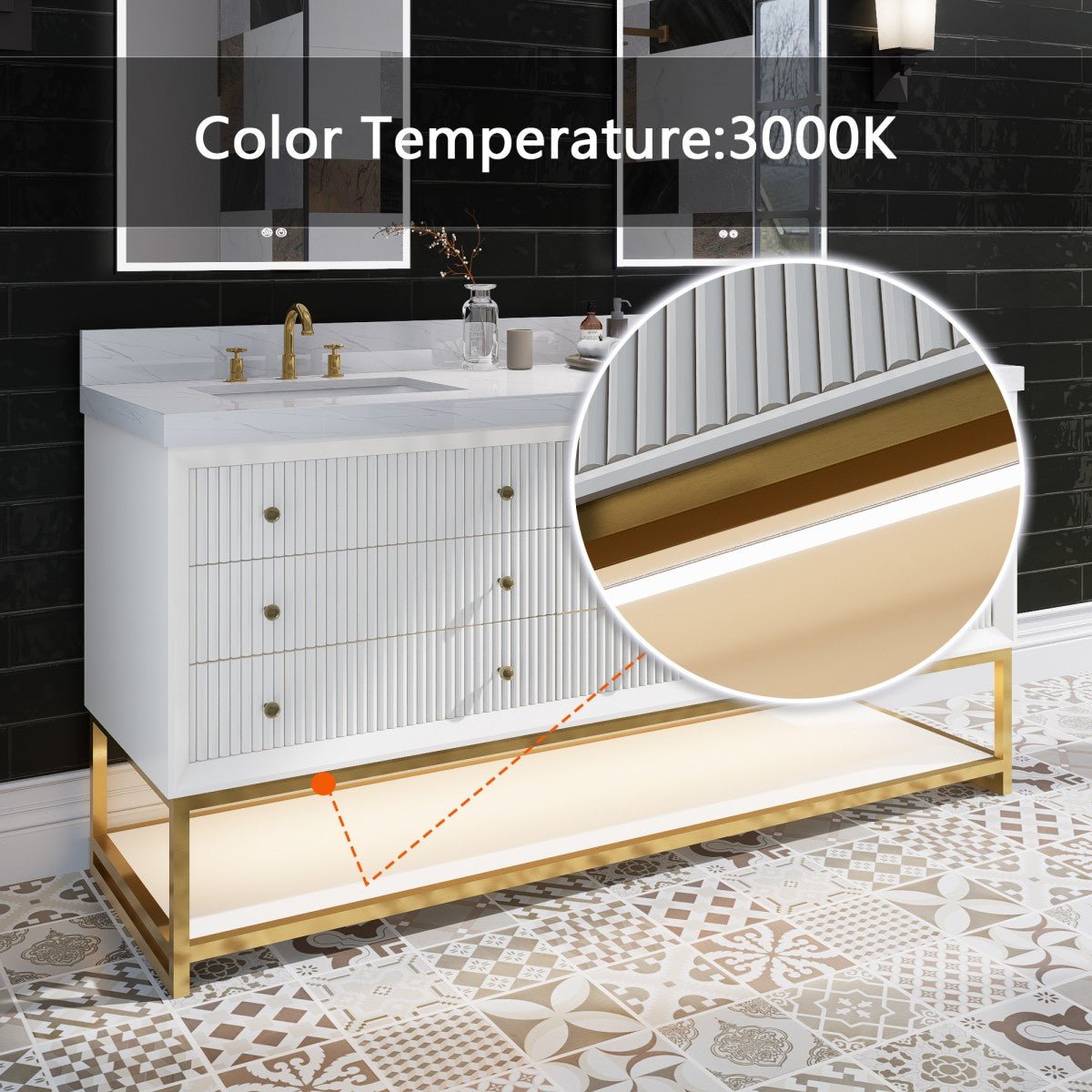 Brillare - W 72" LED Bath Vanity With Sink,Cultured Marble Top,White,Solid Oak Build,Soft - Close,8 in faucet holes