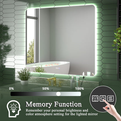 Bathroom with a large illuminated mirror and control panel for brightness settings.
