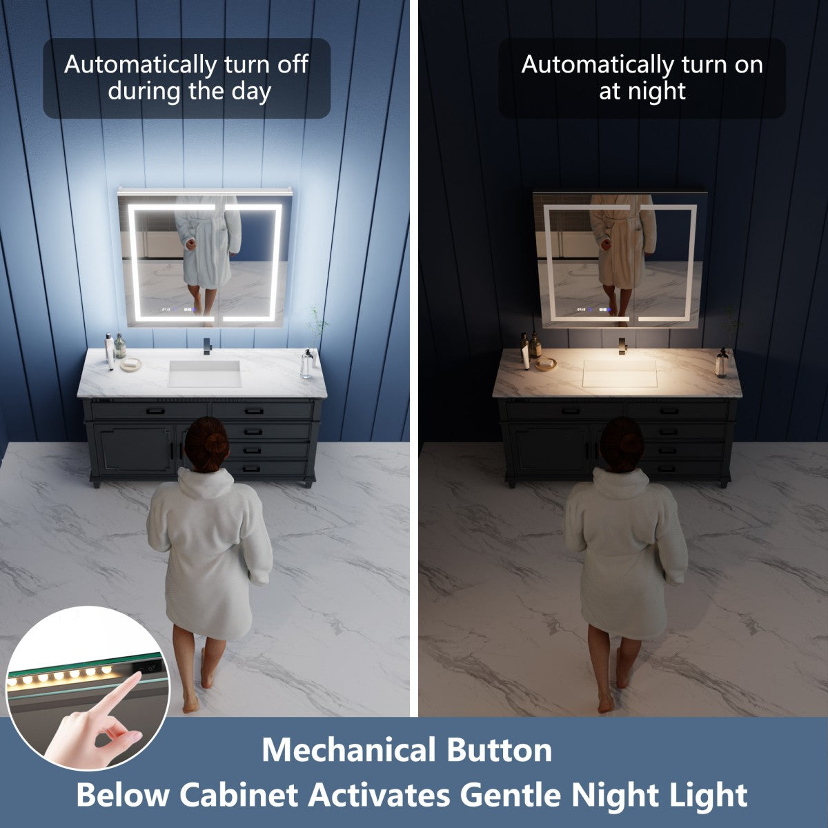 Bathroom vanity with a mirror with lights on during the day and night, showing mechanical button activation.