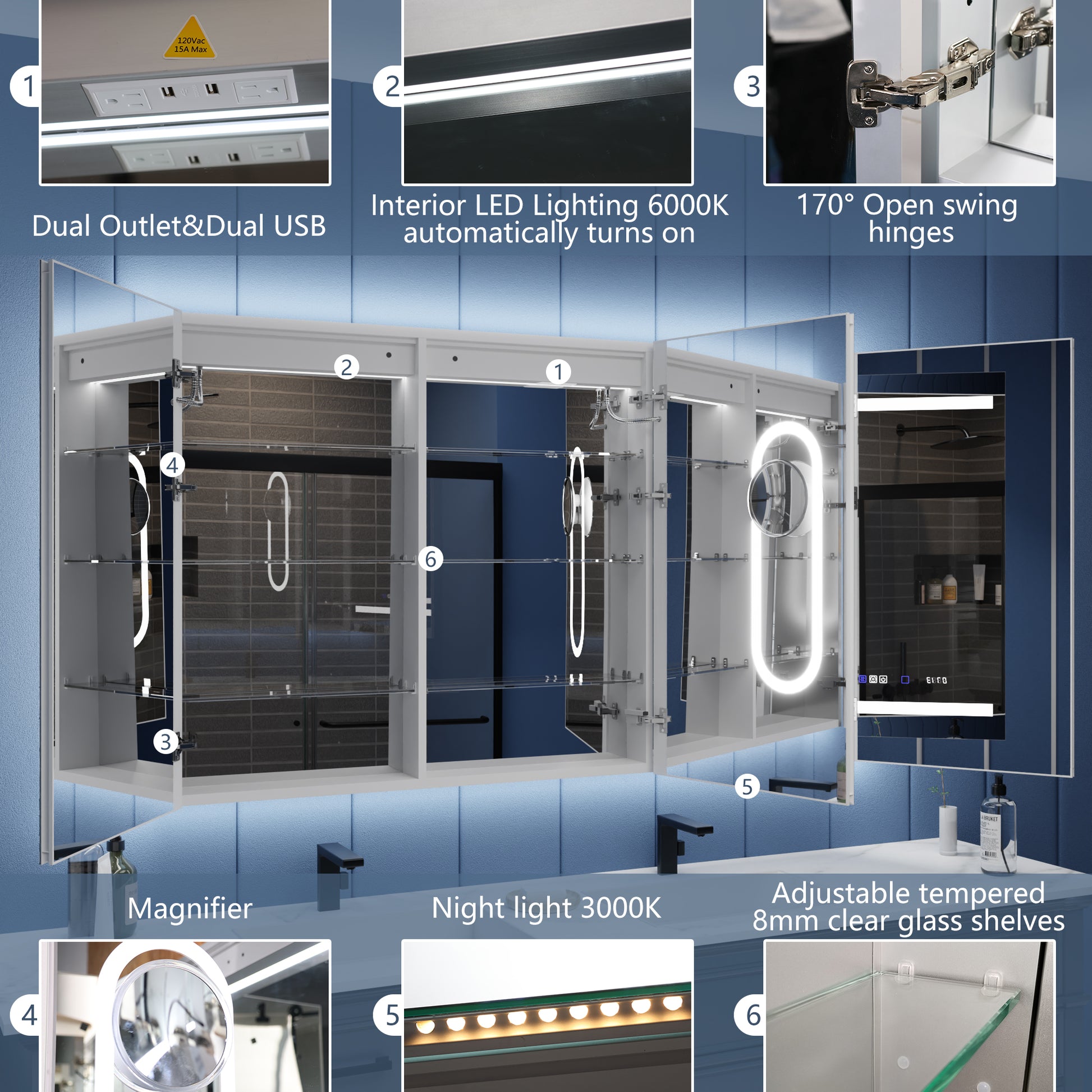 Bathroom mirror with various features highlighted on a blue background