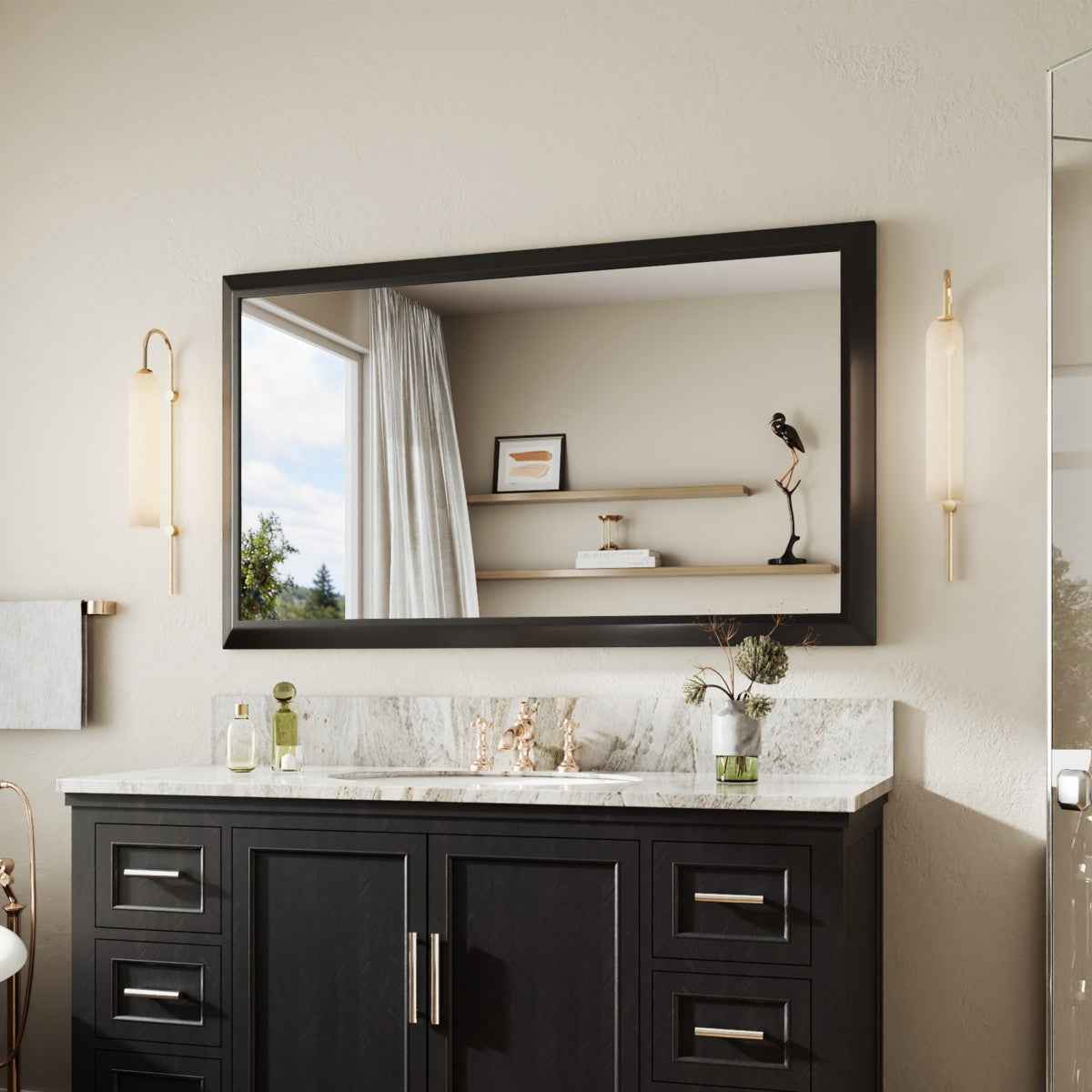 55" x 32" Modern, Elegant Rectangular Wall Mirror with Tempered Glass, Shatterproof, Rust-Resistant Wood Grain Aluminum Frame for Bathroom, Living Room & Hallway| Nolhurst