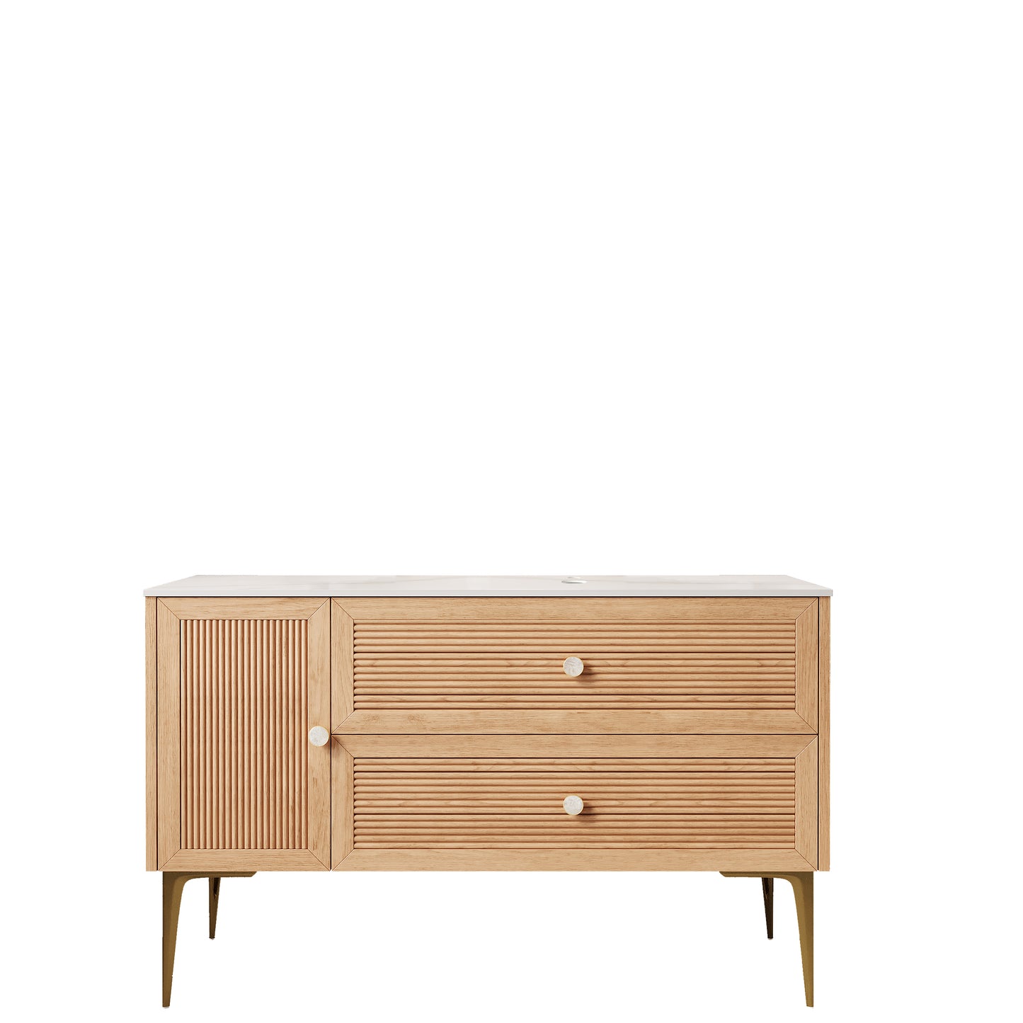 Exbrite 48' Freestanding Bathroom Light Oak Woodgrain Plywood Cabinet with Carrara White Sintered Stone Counter Top, Two Drawers and One Door, NO Basin, NO Faucet and Sink Cover|MUNIN