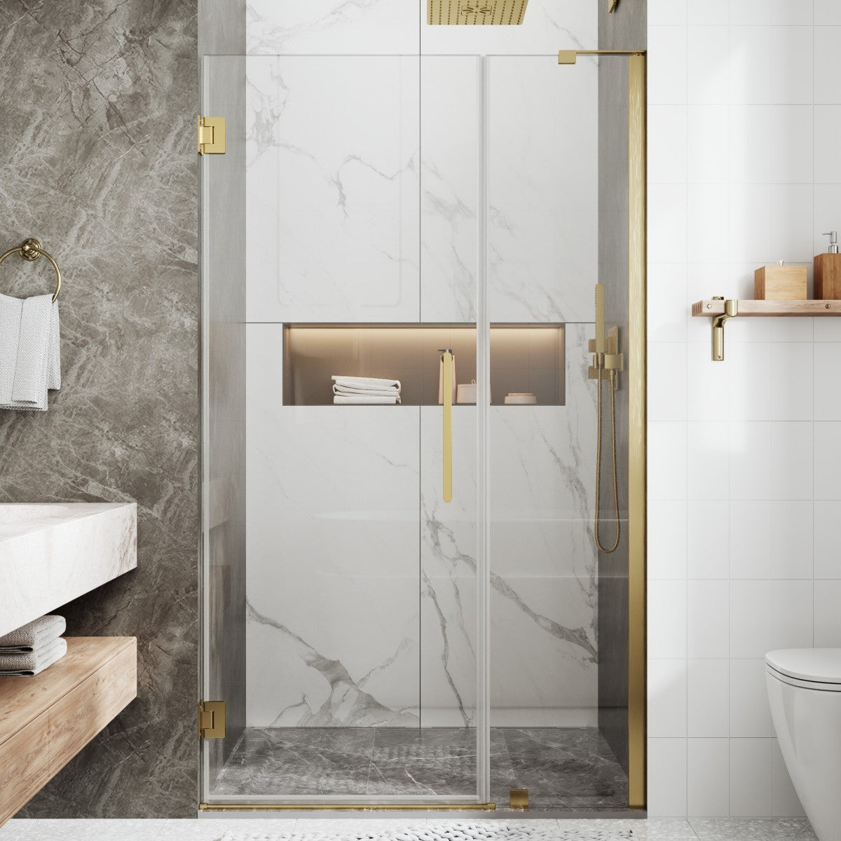 41-42" x 74" Pivot Frameless Shower Door,Brushed Gold,Easy clean|ExBrite Valor Series