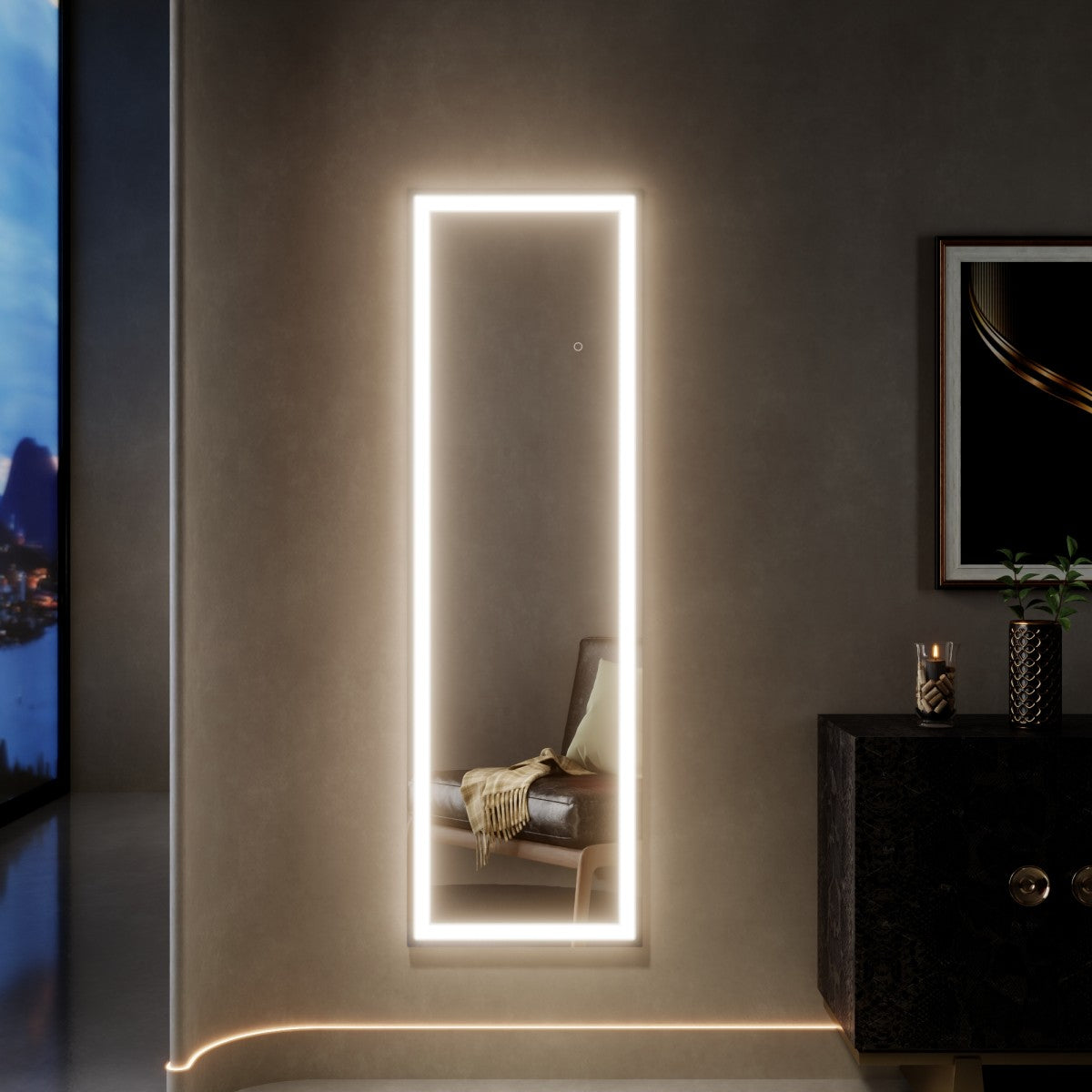 Nivor 34″ × 82″ Dimmable LED Full-Length Floor Mirror with Stand, 3-Color Lights & Wall-Mount Option